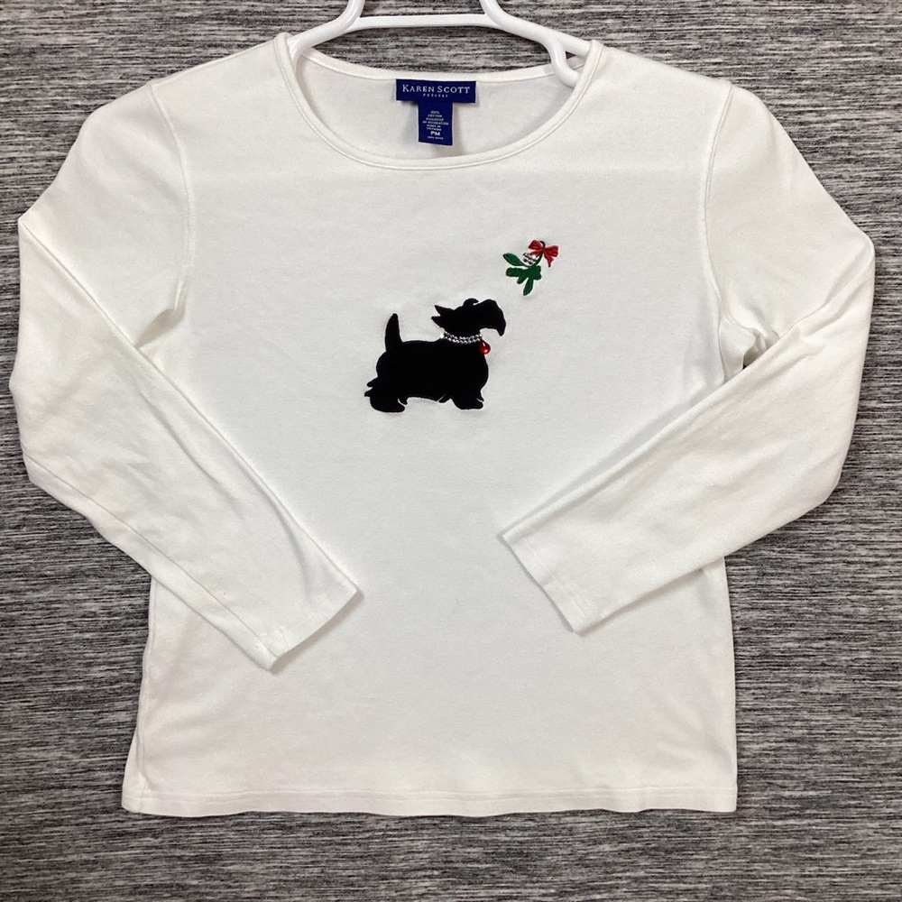 Karen Scott Women’s White Scoop Neck Long Sleeve Shirt Black Schnauzer Dog